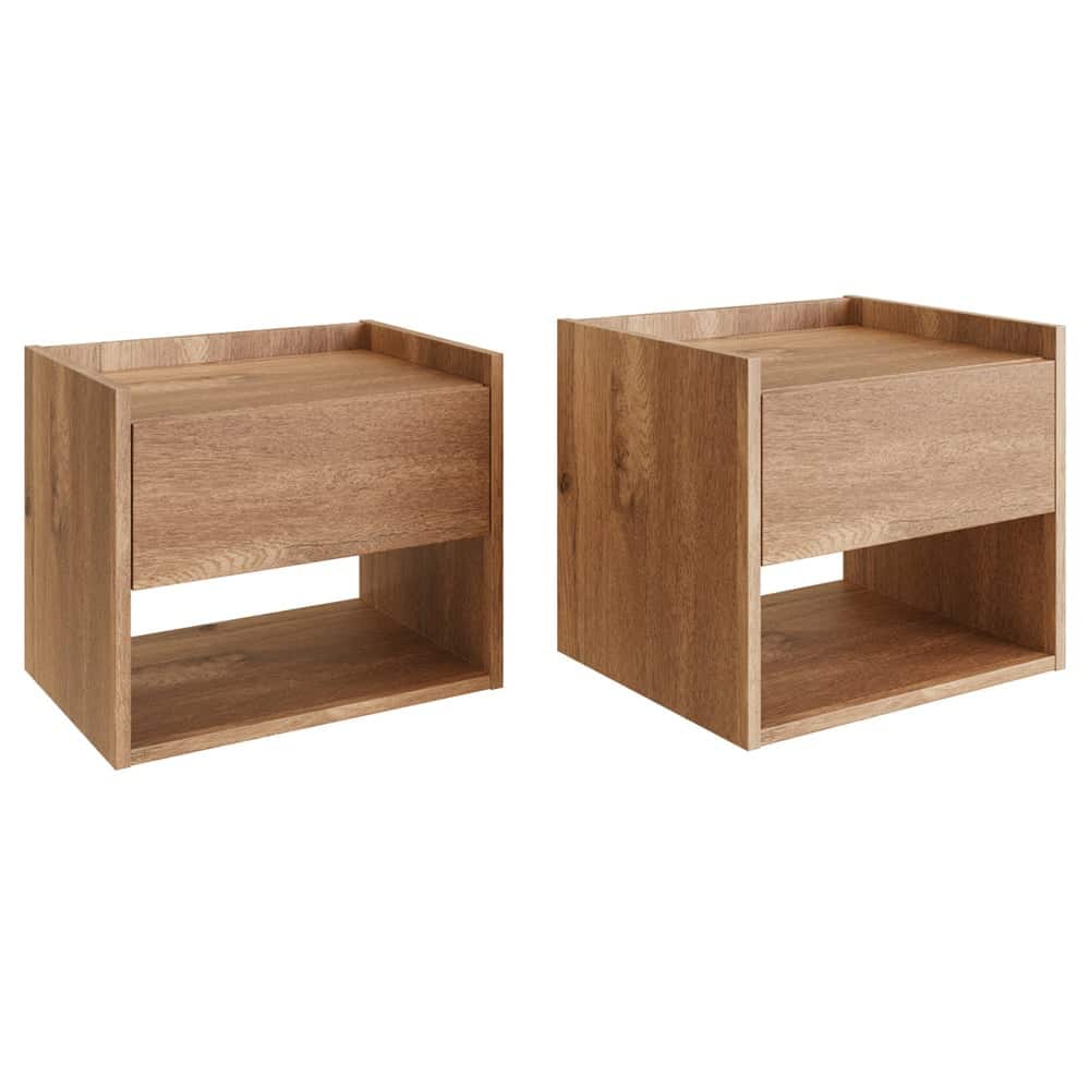 Hever Wall Hung Oak Wooden Bedside Cabinets In Pair