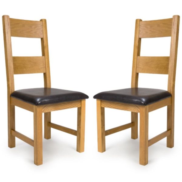 Hewitt Oak Wooden Dining Chairs With Black Leather Seat In Pair | Bed Sava