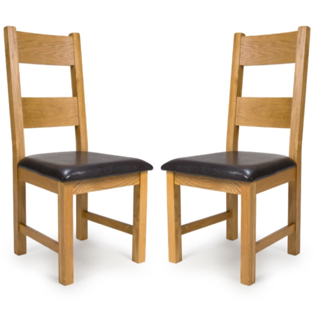 Hewitt Oak Wooden Dining Chairs With Black Leather Seat In Pair