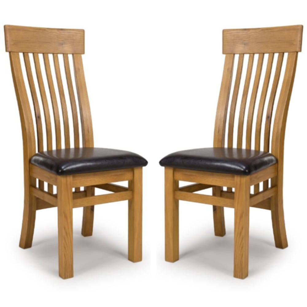Hewitt Oak Wooden Slat Dining Chairs With Black Leather Seat In Pair