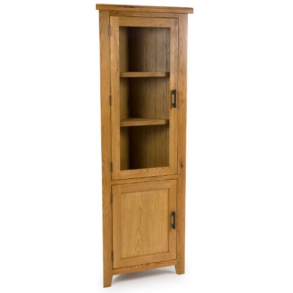 Hewitt Wooden Corner Display Cabinet With 2 Doors In Rustic Oak | Bed Sava