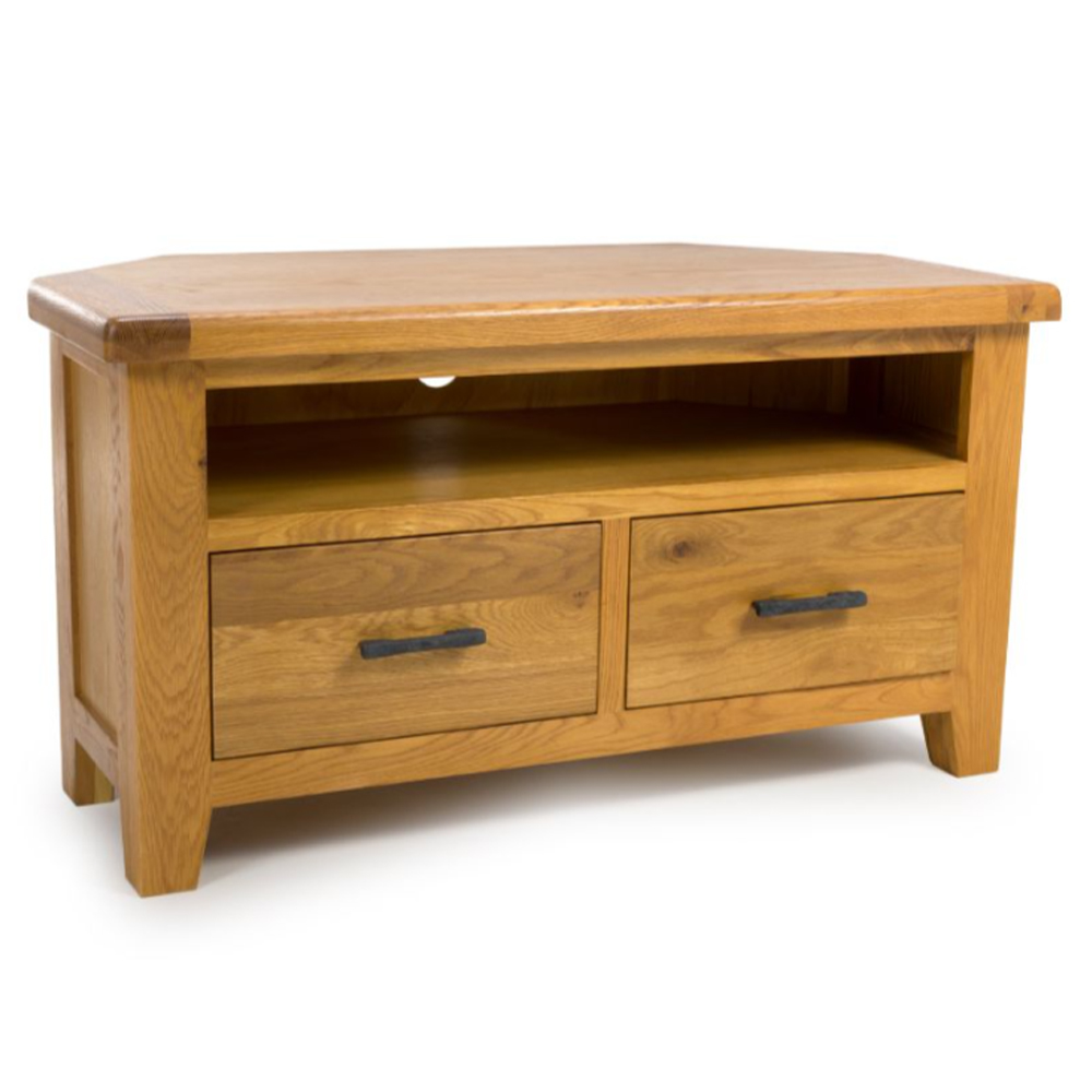 Hewitt Wooden Corner TV Stand With 2 Drawers In Rustic Oak