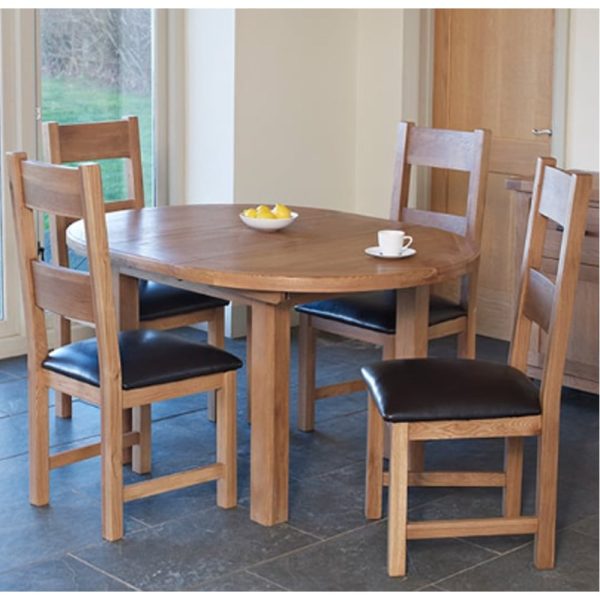Hewitt Wooden Round Extending Dining Set With 4 Chairs In Rustic Oak | Bed Sava