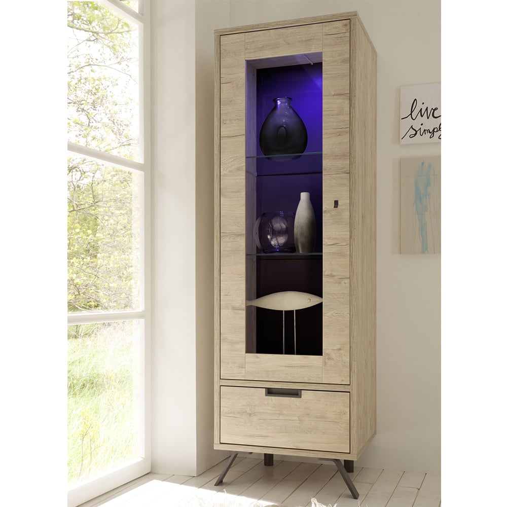 Heyford Wooden Display Cabinet 1 Door In Sherwood Oak And LED