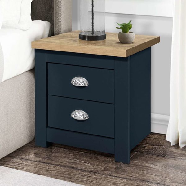 Highland Wooden Bedside Cabinet With 2 Drawers In Navy Blue And Oak | Bed Sava
