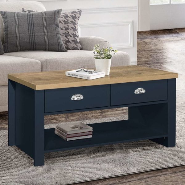 Highland Wooden Coffee Table With 2 Drawers In Blue And Oak | Bed Sava