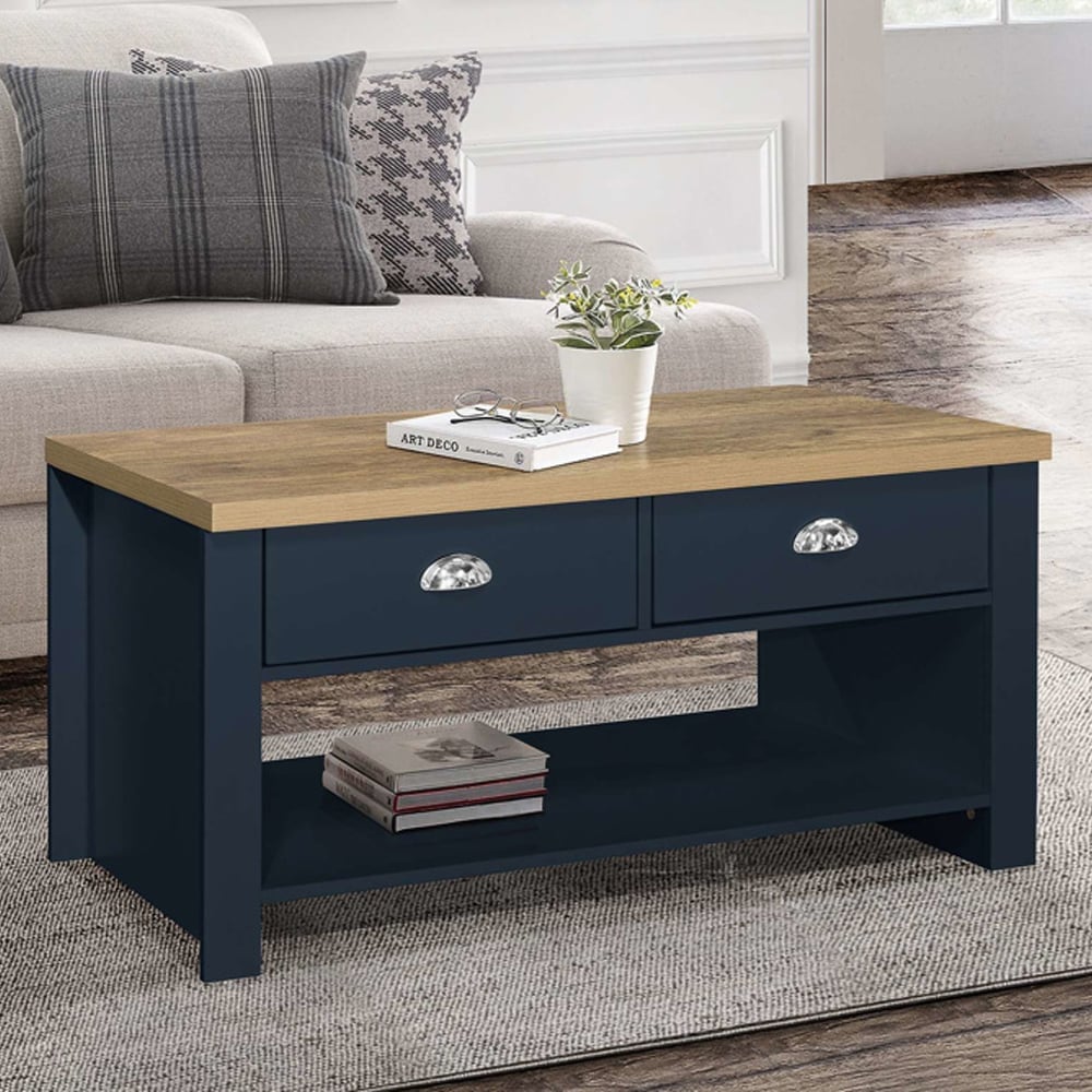 Highland Wooden Coffee Table With 2 Drawers In Blue And Oak