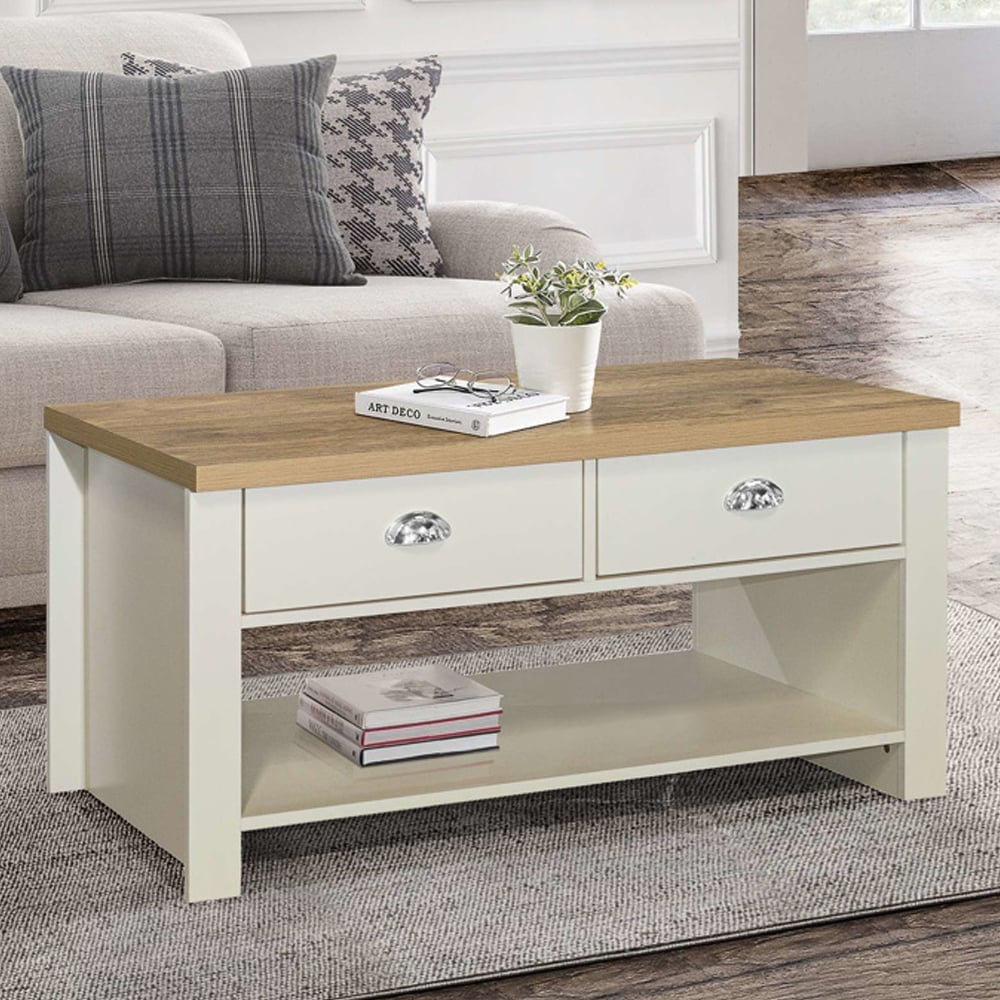 Highland Wooden Coffee Table With 2 Drawers In Cream And Oak