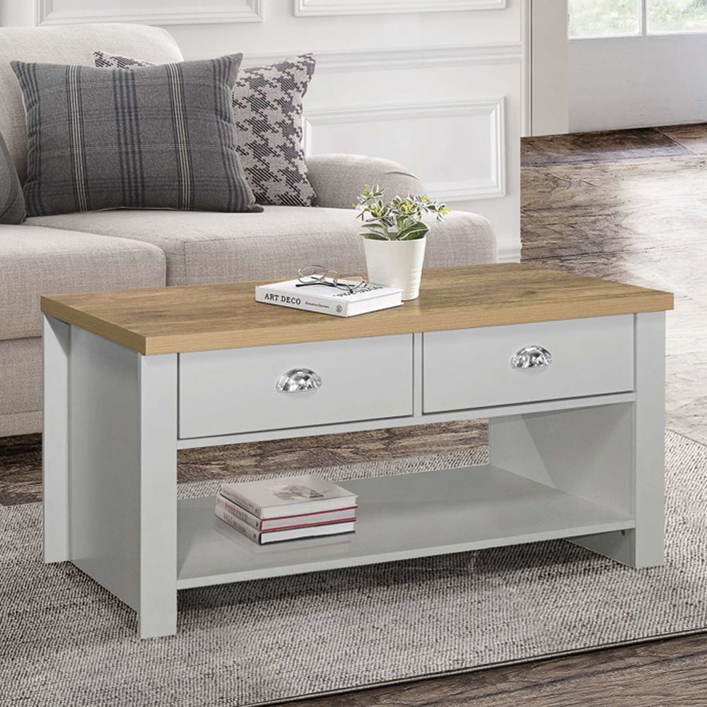 Highland Wooden Coffee Table With 2 Drawers In Grey And Oak