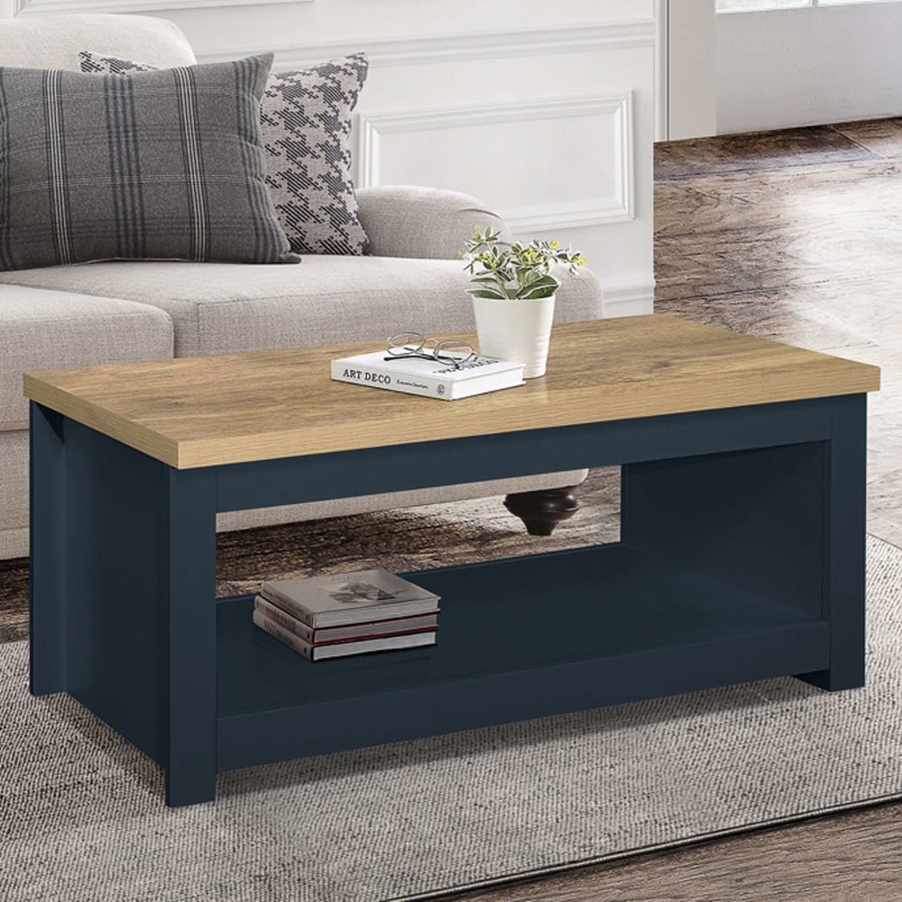 Highland Wooden Coffee Table With Undershelf In Blue And Oak