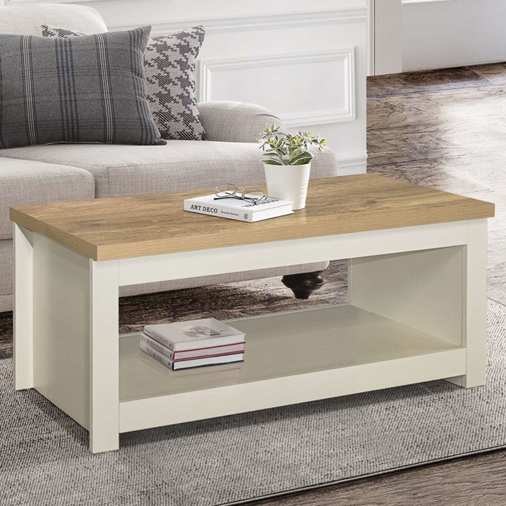 Highland Wooden Coffee Table With Undershelf In Cream And Oak