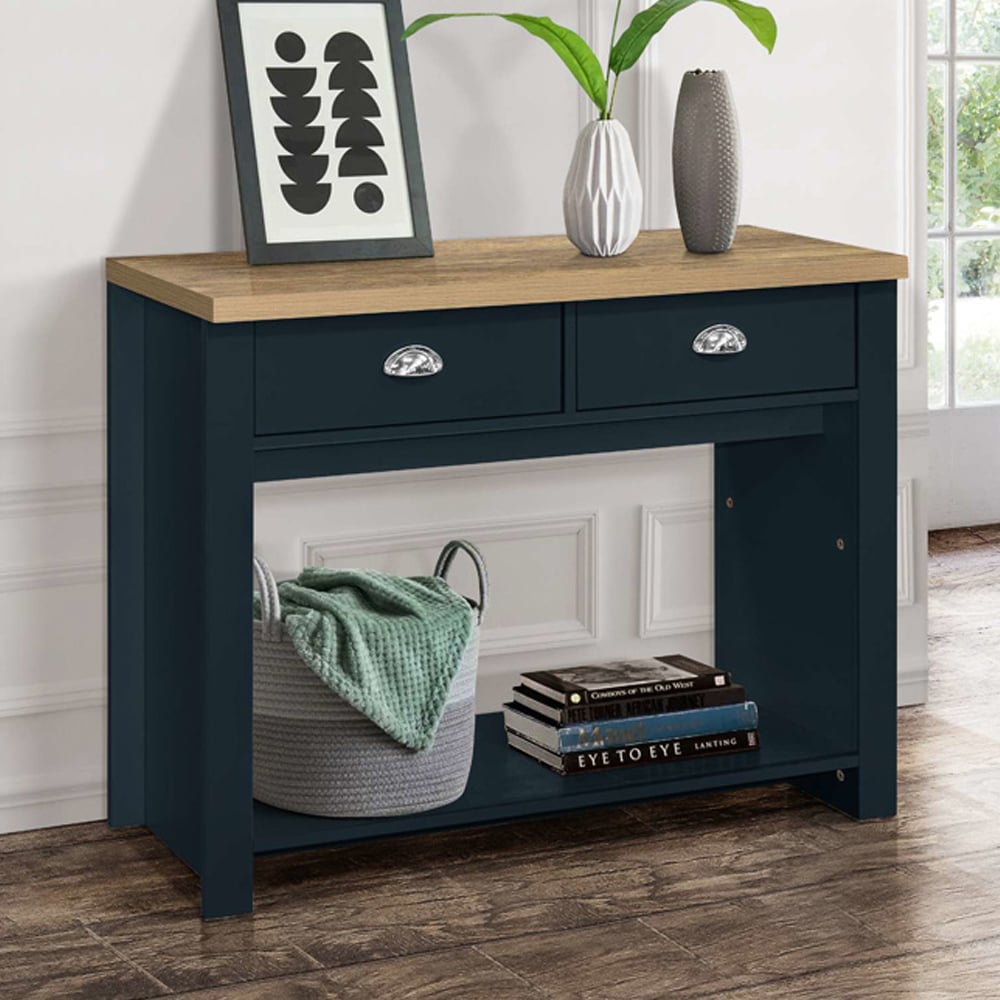 Highland Wooden Console Table With 2 Drawers In Blue And Oak