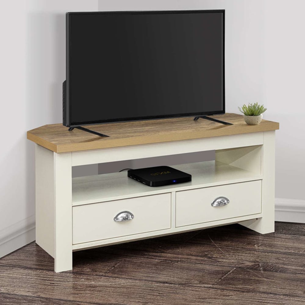 Highland Wooden Corner TV Stand With 2 Drawers In Cream And Oak