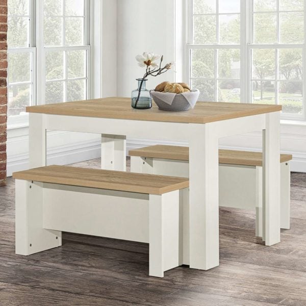 Highland Wooden Dining Table With 2 Benches In Cream And Oak | Bed Sava