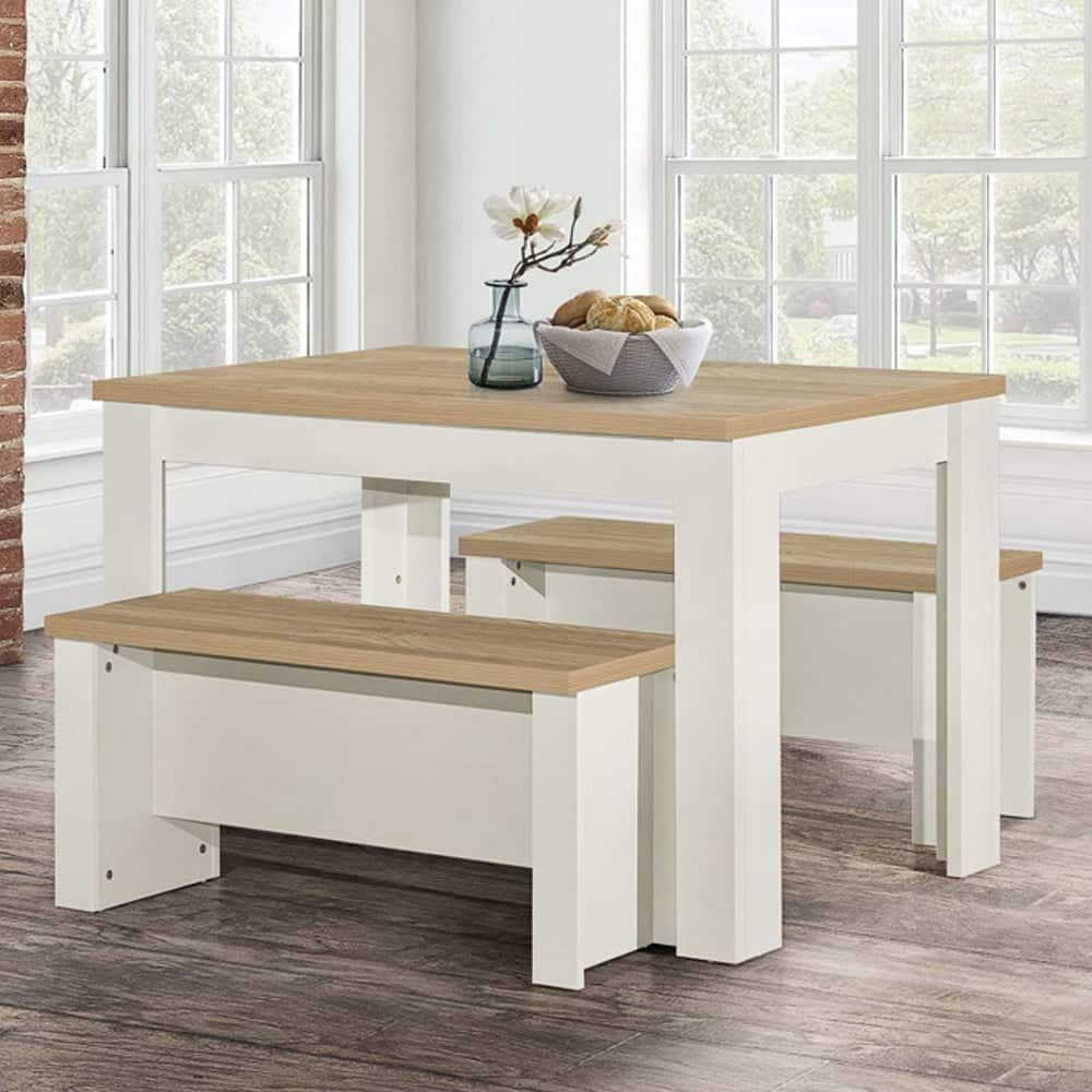 Highland Wooden Dining Table With 2 Benches In Cream And Oak