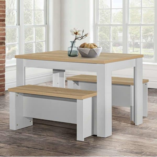 Highland Wooden Dining Table With 2 Benches In Grey And Oak | Bed Sava