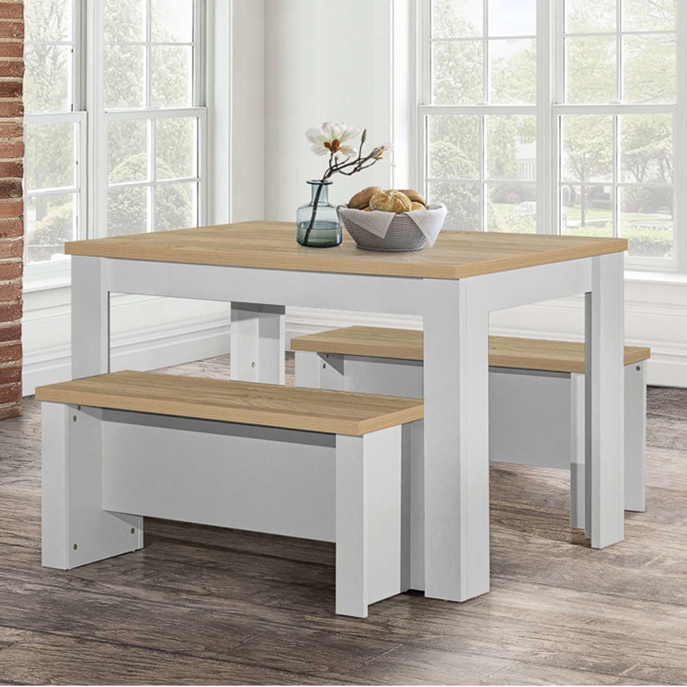 Highland Wooden Dining Table With 2 Benches In Grey And Oak