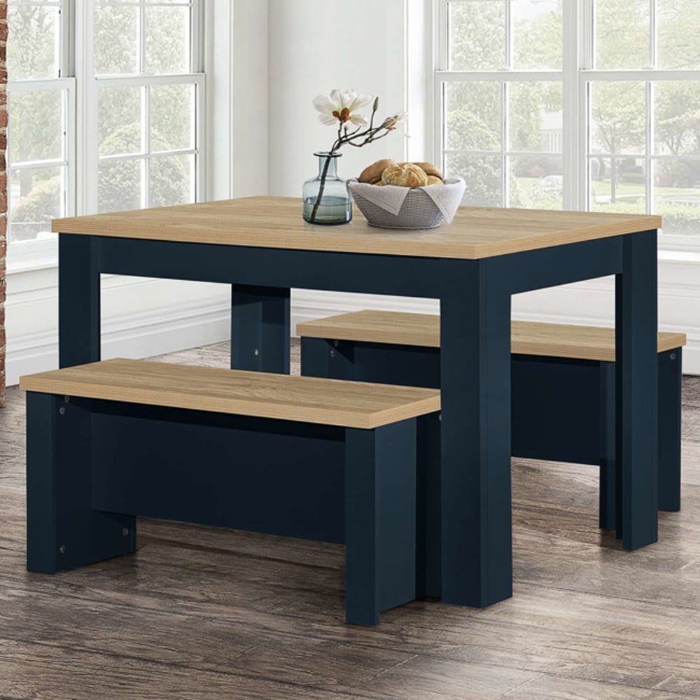 Highland Wooden Dining Table With 2 Benches In Navy Blue And Oak