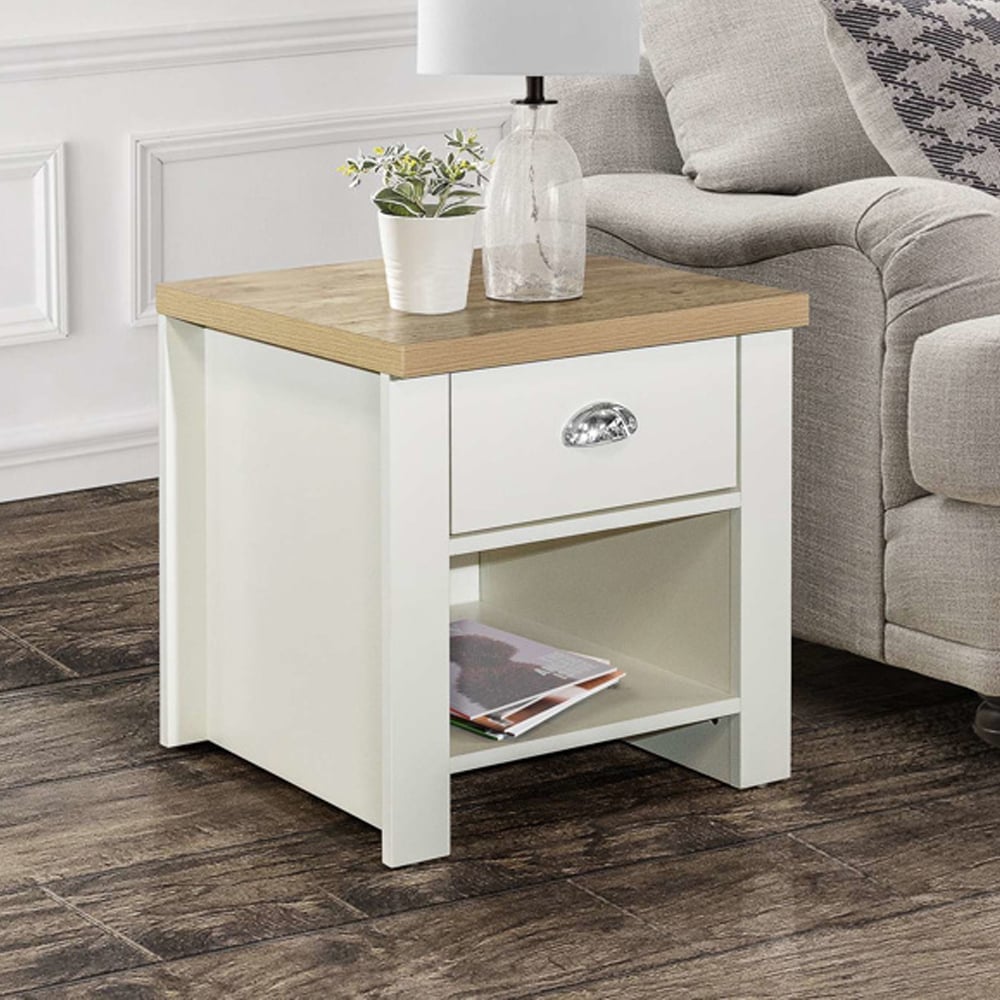 Highland Wooden Lamp Table With 1 Drawer In Cream And Oak