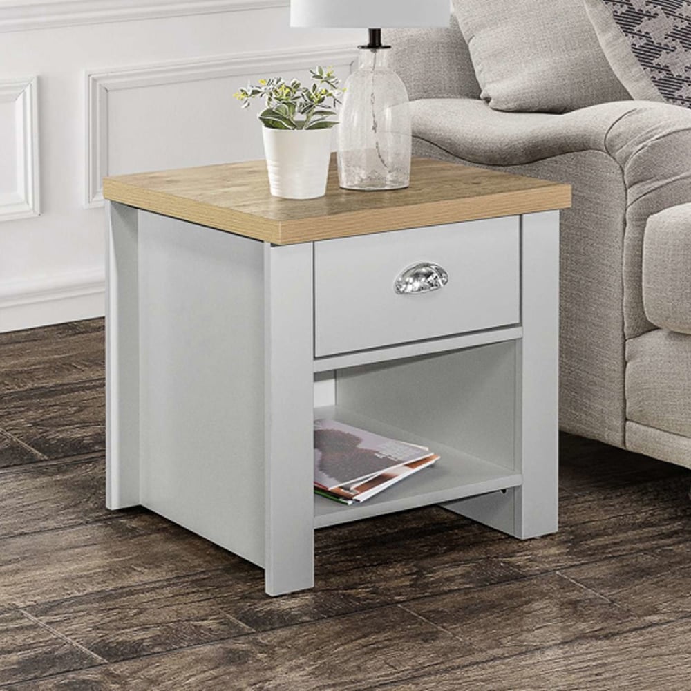Highland Wooden Lamp Table With 1 Drawer In Grey And Oak