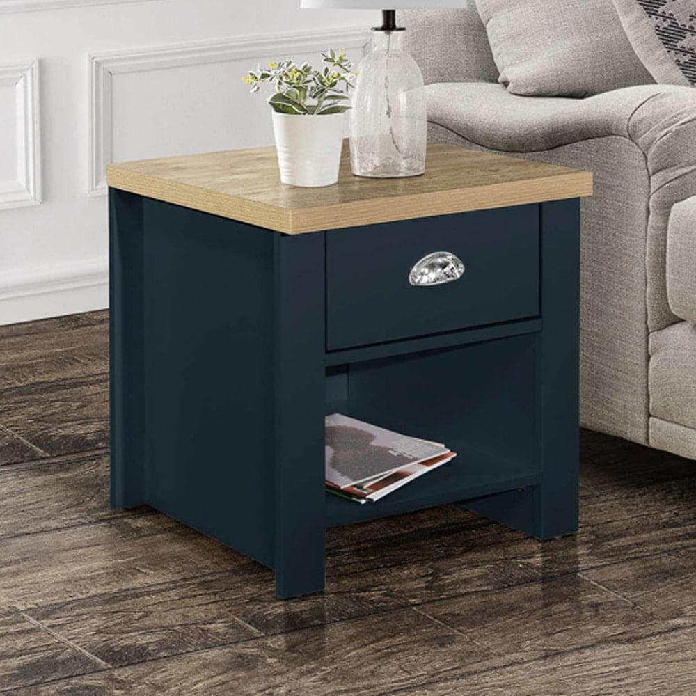 Highland Wooden Lamp Table With 1 Drawer In Navy Blue And Oak