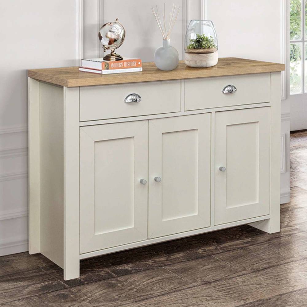 Highland Wooden Sideboard With 3 Doors 2 Drawers In Cream And Oak