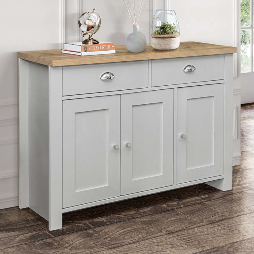 Highland Wooden Sideboard With 3 Doors 2 Drawers In Grey And Oak