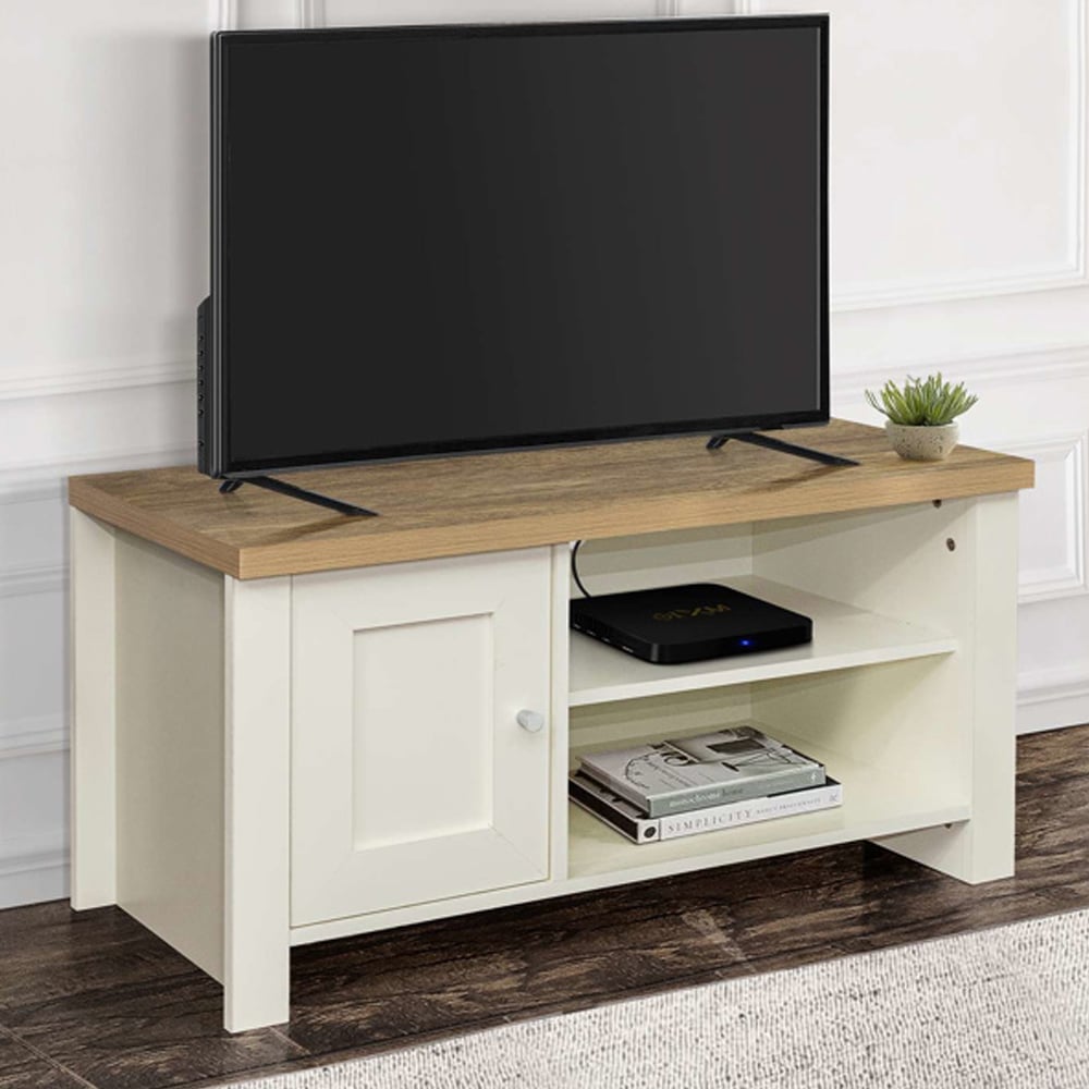 Highland Wooden TV Stand With 1 Door In Cream And Oak
