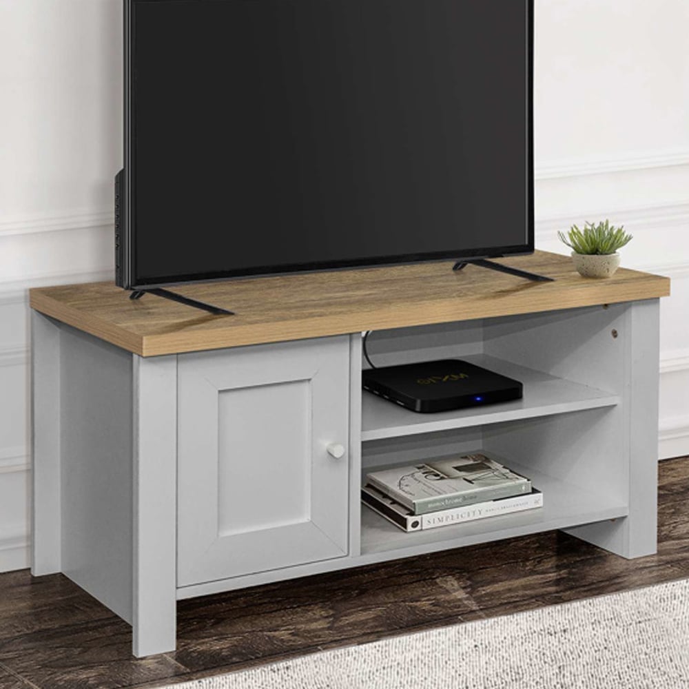 Highland Wooden TV Stand With 1 Door In Grey And Oak