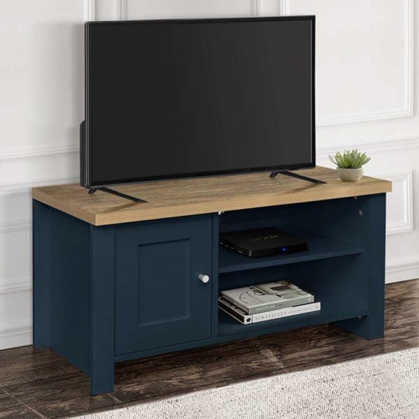 Highland Wooden TV Stand With 1 Door In Navy Blue And Oak | Bed Sava