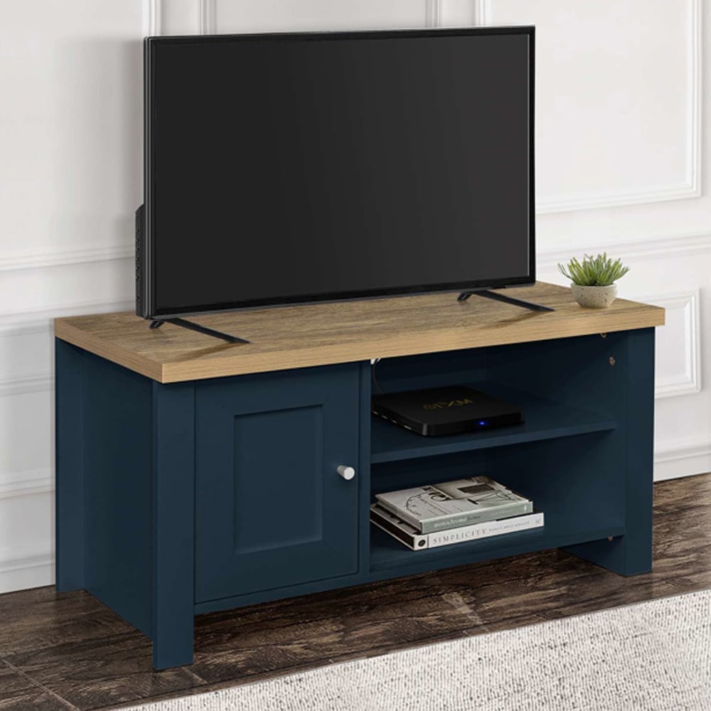 Highland Wooden TV Stand With 1 Door In Navy Blue And Oak