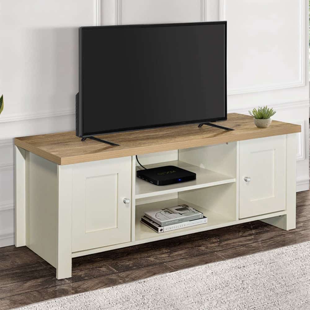 Highland Wooden TV Stand With 2 Doors In Cream And Oak