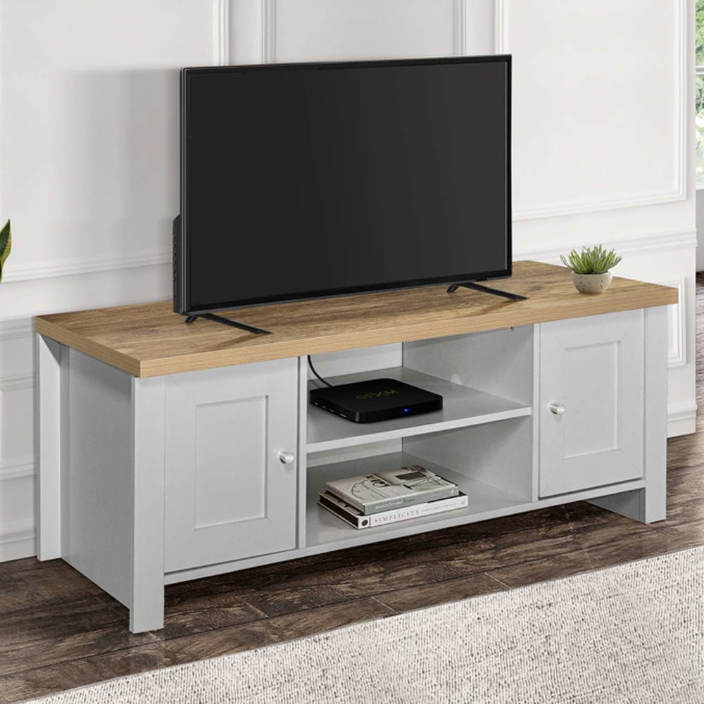 Highland Wooden TV Stand With 2 Doors In Grey And Oak