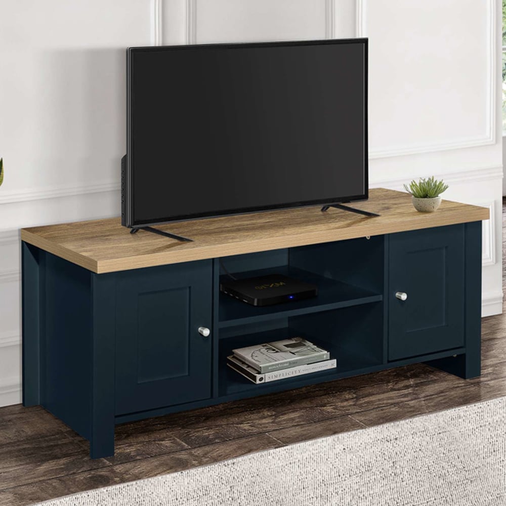 Highland Wooden TV Stand With 2 Doors In Navy Blue And Oak
