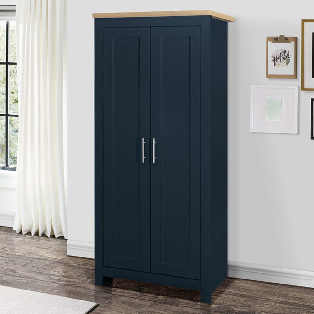 Highland Wooden Wardrobe With 2 Doors In Navy Blue And Oak