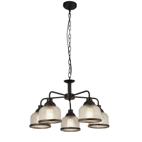 Highworth 5 Light Holophane Glass Pendant Light In Black | Bed Sava
