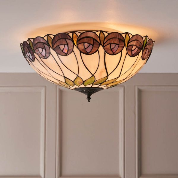 Hinton Tiffany Glass Flush Ceiling Light In Satin Black | Bed Sava