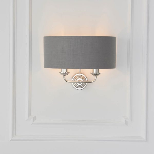 Hixson 2 Light Charcoal Fabric Wall Light In Bright Nickel | Bed Sava