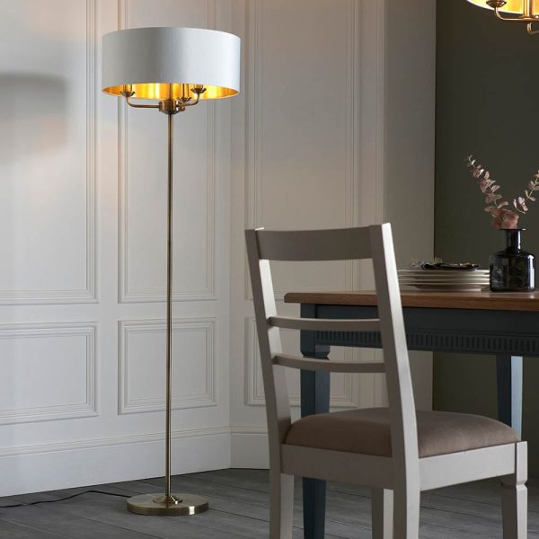 Hixson 3 Light Natural Fabric Floor Lamp In Antique Brass | Bed Sava