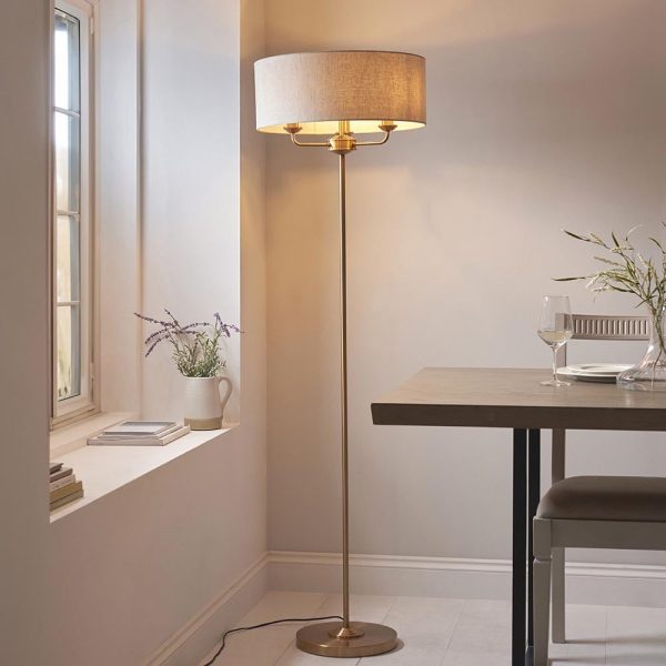 Hixson 3 Light Natural Fabric Floor Lamp In Vintage Brass | Bed Sava