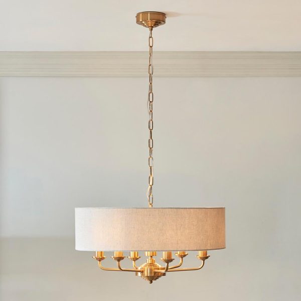 Hixson 6 Light Natural Fabric Pendant Ceiling Light In Brass | Bed Sava