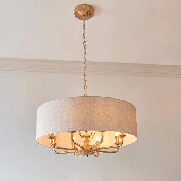 Hixson 8 Light Natural Fabric Pendant Ceiling Light In Brass | Bed Sava