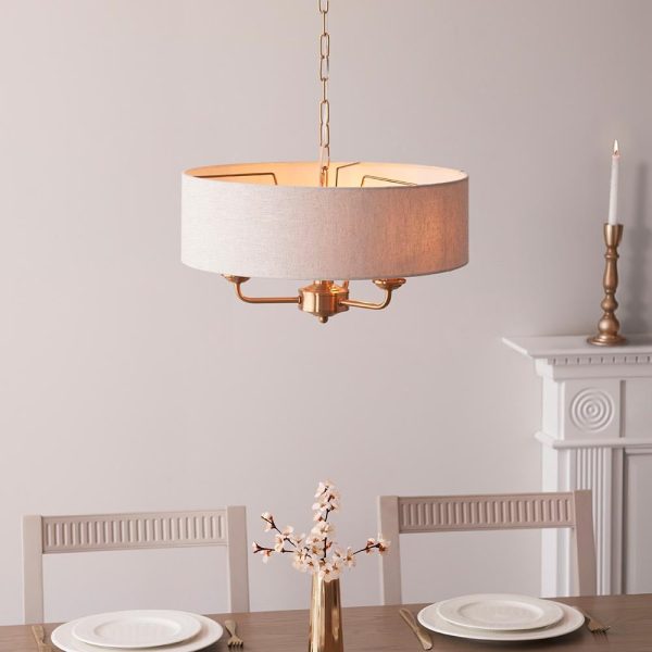 Hixson 3 Light Natural Fabric Pendant Ceiling Light In Brass | Bed Sava