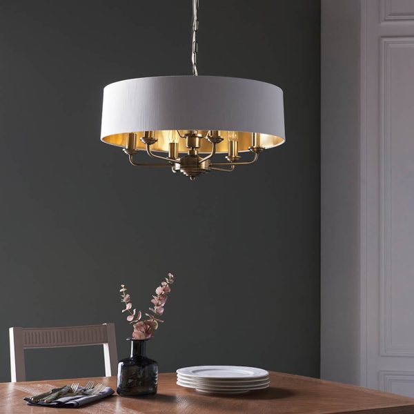 Hixson 6 Light White Fabric Pendant Ceiling Light In Brass | Bed Sava