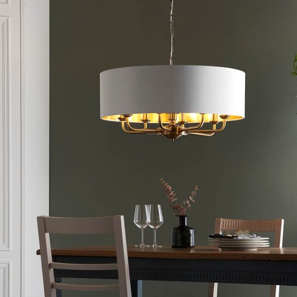 Hixson 8 Light White Fabric Pendant Ceiling Light In Brass | Bed Sava