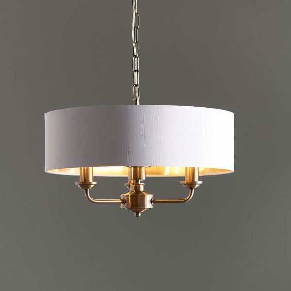 Hixson 3 Light White Fabric Pendant Ceiling Light In Brass | Bed Sava