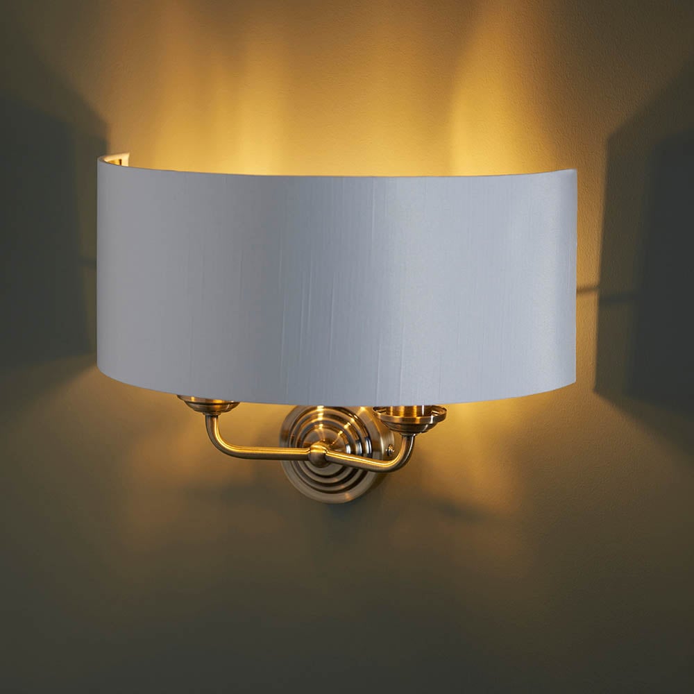 Hixson 2 Light White Fabric Wall Light In Antique Brass