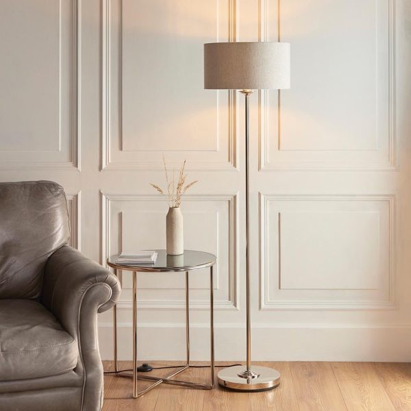 Hixson Natural Fabric Shade Floor Lamp In Brushed Chrome | Bed Sava