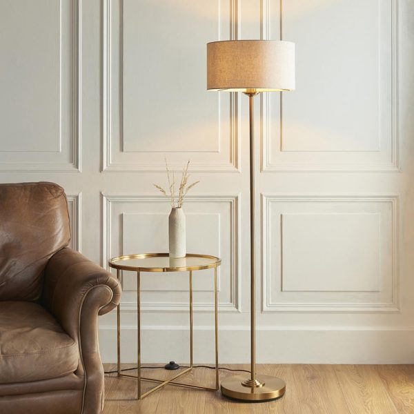 Hixson Natural Fabric Shade Floor Lamp In Vintage Brass | Bed Sava