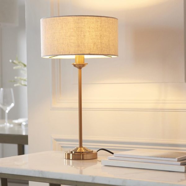 Hixson Natural Fabric Shade Table Lamp In Aged Brass | Bed Sava